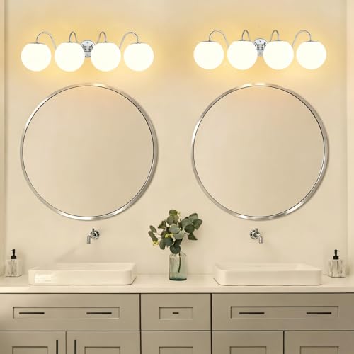 Image of Vintage Brushed Nickel Bathroom Vanity Light Fixtures Over Mirror 4 Lights