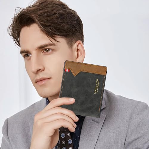 LJCZKA Bifold Leather Wallet Mens Slim Minimalist Wallets Thin Stylish Multi-card Holder with ID Window, Zipper Cash Pocket (Black)2