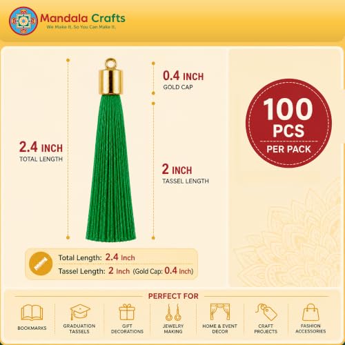 Image of Mandala Crafts Small Gold Tone Cap Green Silky Bookmark Tassels with Loops | 100 PC, Machine Washable, Polyester, Mini, for Crafts Jewelry Making Graduation Decorations Keychains Gift Tags & Ornaments