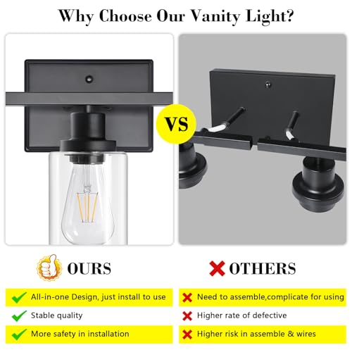 Image of Ascher Bathroom Vanity Light Fixtures, 3 Light Wall Sconces Lighting with Clear Glass Shade, Black Wall Lights for Mirror, Kitchen, Living Room, Gallery, Hallway, E26 Base (Bulbs Not Included)