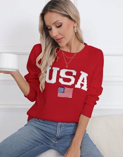 Image of Womens American Flag Sweater Crew Neck Casual Pullover Sweater