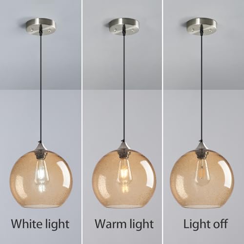 Image of Light Brown Glass Pendant Lights Kitchen Island Globe Pendant Light Fixtures Modern Pendant Lighting for Bedroom Living Dining Room Light Fixture (9.84 in, 2 Pack)
