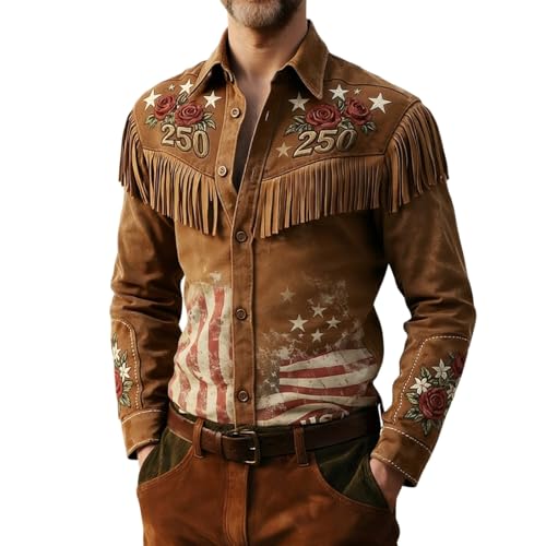 Chemise rétro occidentale avec imprimé commémoratif et finitions frangées de qualité