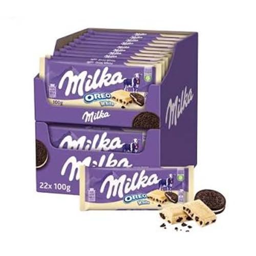 Milka Oreo White Chocolate Bar, 100g - Smooth Alpine Milk Chocolate with Crunchy Oreo Cookie Pieces