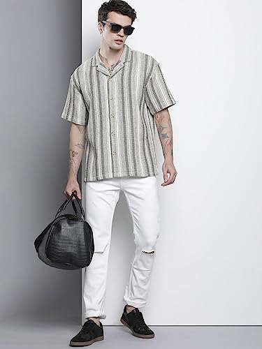 Image of The Indian Garage Co Men Relaxed Fit Striped Half Sleeves Cuban Collar Resort Wear Shirt