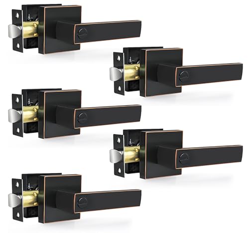 Privacy Door Levers, 5 Pack Oil Rubbed Bronze Door Handles Interior Heavy Duty Bed and Bath Keyless Door Locksets, Reversible for Left Right Handed Doors