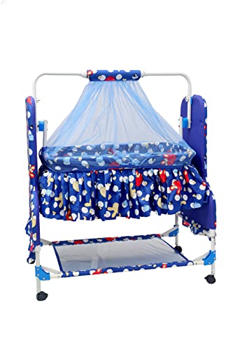 BABYBLESSING New Born Baby Soft Seat Cradle with Swing and Mosquito Net, Four Wheels with Brake Lock for Swing Cradle/Jhula/Palna/Bed/Baby Safe for 0-12 Months Colour - Blue