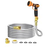 Giraffe Tools Garden Hose 50ft x 5/8', 304 Stainless Steel Metal Water Hose, No Kink Garden Water Hose with 9 Pattern Spray Nozzle, Flexible, Lightweight, Kink Free Hose for Yard, Outdoor