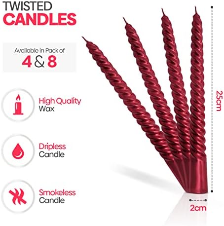 Red Taper Candles Universal Spiral Candle Metallic Dripless Unscented Dinner Candles Paraffin Wax with Cotton Wicks Birthday Wedding Parties | Pack of 4 (Pack of 1)
