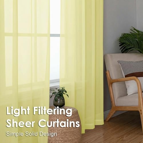 Image of OVZME Sheer Curtains 84 Inches Long 2 Panels Set, Light Filtering Transparent Lightweight Soft Window Treatment Panels for Study Room Living Room Guest Room, Each 42W x 84L Inches, Light Yellow