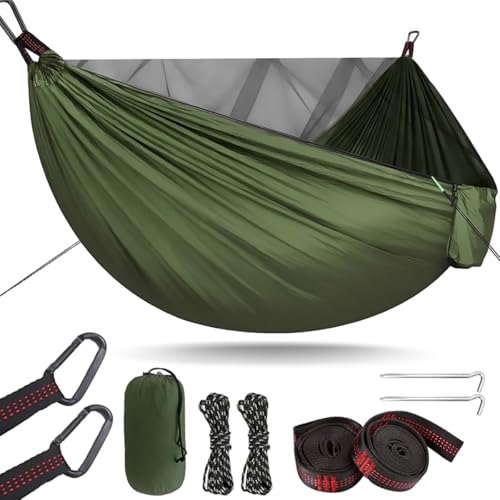 Ultraleichte Hängematte Outdoor mit Moskitonetz 300KG Tragkraft Tragbare Fallschirm Nylon Doppelhängematte Reisehängematte mit Befestigungs-Set für Rucksackreisen Wandern Abenteuer 290×140cm Oliv