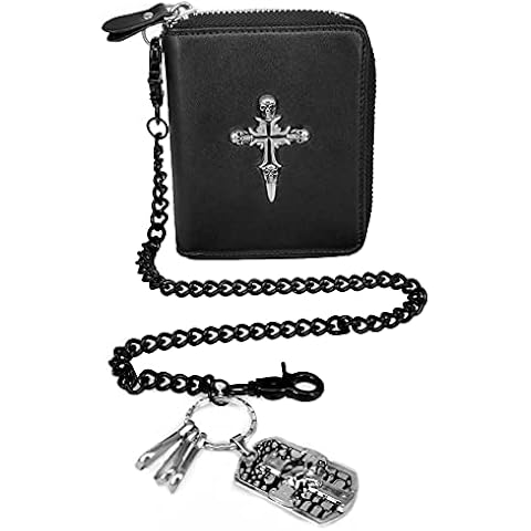 ABC STORY Mens Real Leather Skull Cross Biker Wallet with Chain Coins Pocket Black Cover
