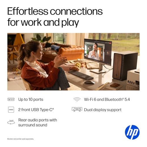 Image of HP OmniDesk Desktop M03 Ai Tower Computer - Series 2 Intel Core Ultra 9-285 Processor, 32GB DDR5 RAM, 8TB PCIe NVMe SSD, Intel UHD Graphics, Wi-Fi 6 (2x2), Bluetooth 5.4, Windows 11 Home, Dark Wood