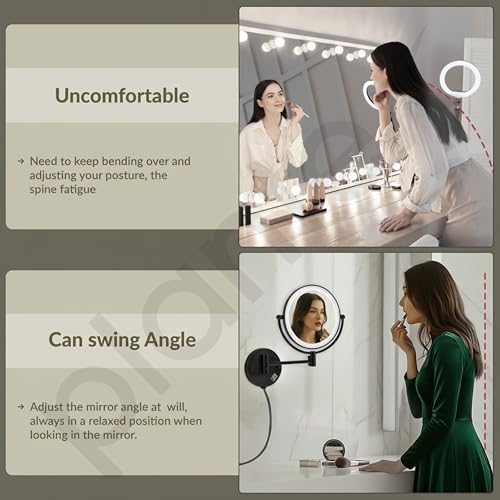 Image of Plantex Brass and 304 Stainless-Steel Magnifying Mirror with LED /Wall Mount Makeup Mirror with Light /Zoom Mirror- 5x /1x Magnification (8 Inch-Black)