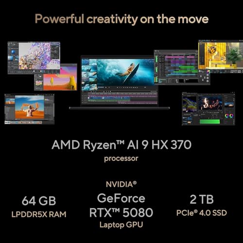 Image of ASUS ProArt P16 OLED (2025), AMD Ryzen AI 9 HX 370, RTX 5080-16GB,64GB RAM, 2TB SSD, 16 inch /40.64cm Touchscreen, 4K, 120Hz,Windows 11,M365 Basic (1Year)* /Office 2024, Nano Black, 1.95Kg,H7606WW-SE023WS