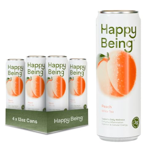 Happy Being Peach White Tea, Antioxidant Rich, Low Sugar, 12oz 4 Pack