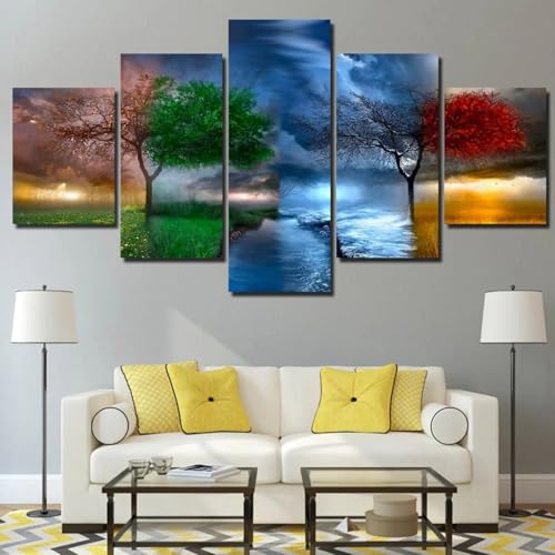 Tableau arbre et rivière 5 parties avec cadre pour décoration salon