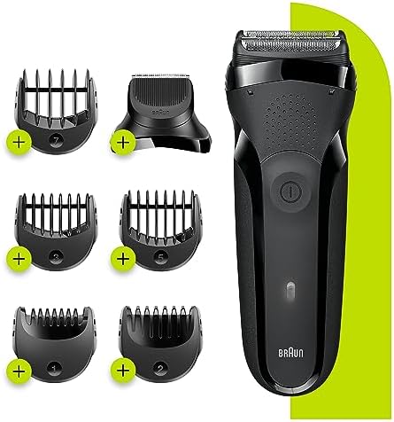 Braun Series 3 Afeitadora Eléctrica Hombre, Máquina de Afeitar Barba 3 En 1 con Recortadora De Precisión Para La Barba Y 5 Peines, Recargable E Inalámbrica, Shave&Style, 300BT, Negro
