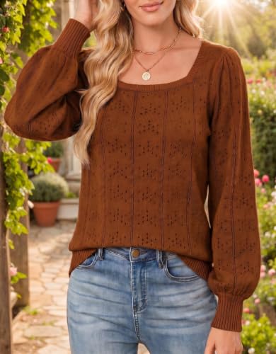 Image of HOTOUCH Sweaters for Women 2026 Fall Trendy Tops Casual Puff Sleeve Square Neck Cute Tunic Pullover Blouses XS-XXL