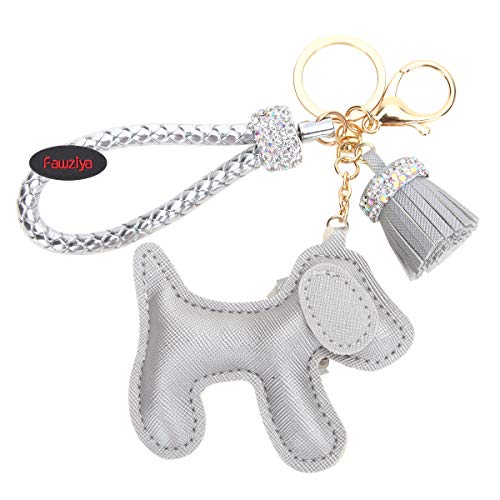 Fawziya Dog Keychain With Tassle Rhinestone Keychains- Silver