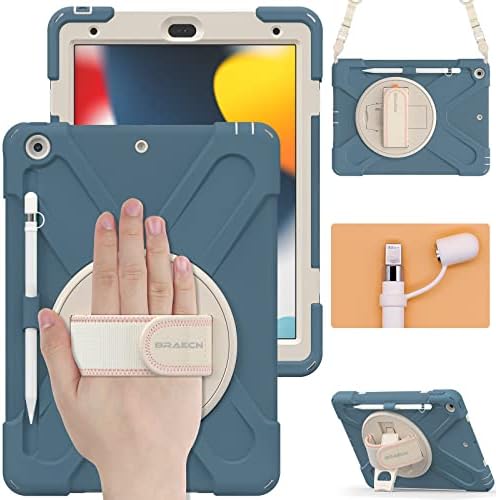 BRAECN iPad 9th Generation Case, Three Layer Shockproof Cover with Screen Protector, Hand Strap, Kickstand, Shoulder Strap, Pencil Holder, Pencil Cap Holder for Apple iPad 10.2”8th/7th-Cornflower Blue