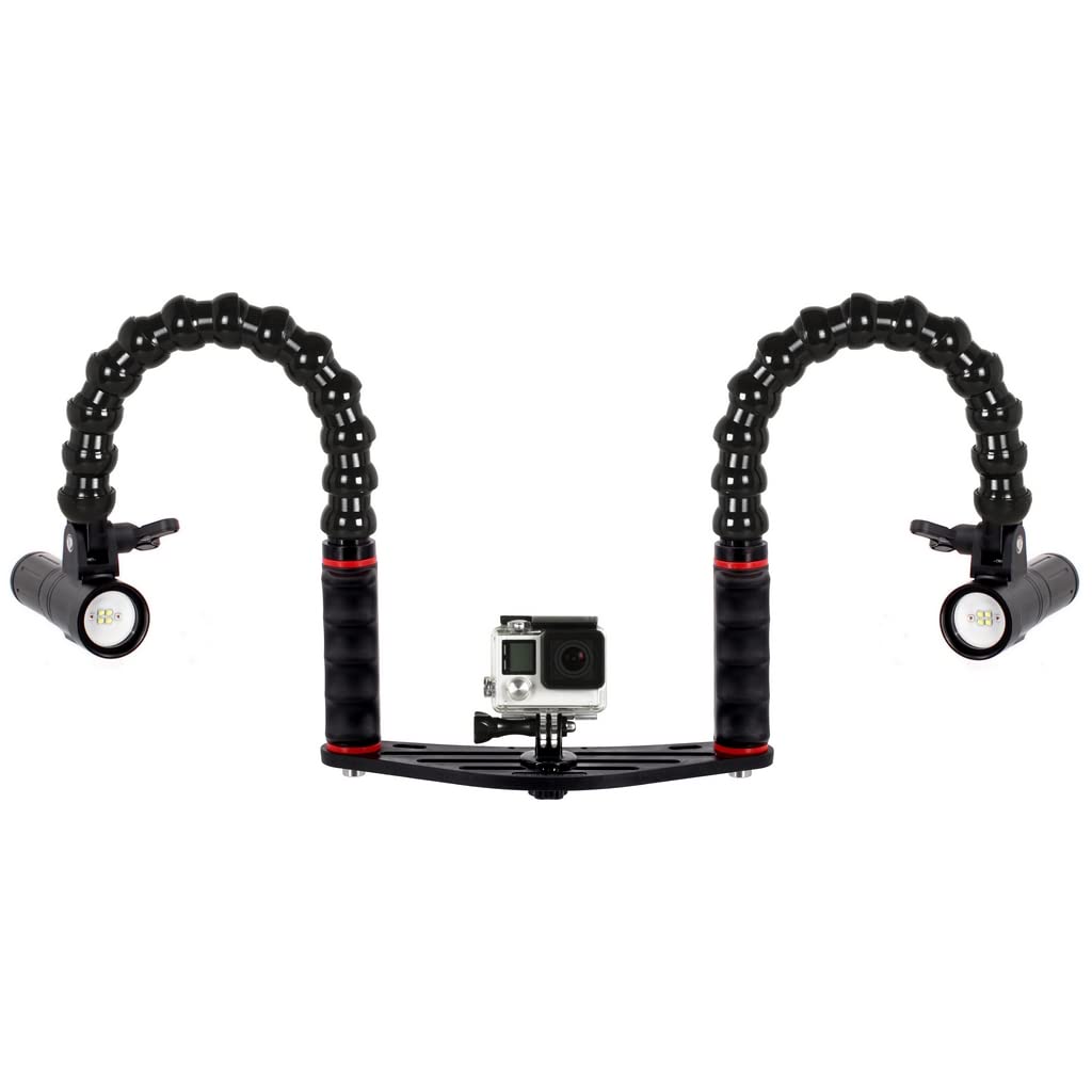 Pletina Universal para Action CAM y Cámaras Compactas para GoPro dji Osmo Vídeos y Fotos Submarinas con Doble Puño Brazos Flexible Adaptador YS para Flash y Foco de Buceo FLEX-ARM ST20113