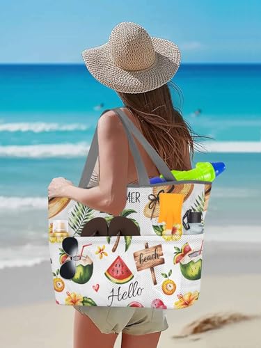 Beach Bags Women Mesh Tote Bag Summer Coconut Tree Straw Hat Toy Grocery Pool Bag with Pockets for Travel/Picnic/Shower3
