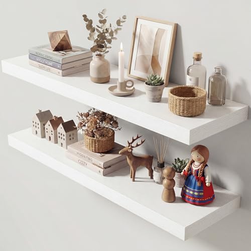 Image of Dreamland 40 Inches Floating Shelves for Wall, 9.3 inch Deep Long Floating Shelves Set of 2, Large Display & Storage Shelf, Wall Shelf for Bathroom Bedroom Living Room Kitchen Office, White