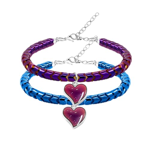 Image of A Pair of Gear-shape Hematite Bracelets with Color Changing Thermo Sensitive Mood Heart Charms, Couples Love Heart Bangles Gifts