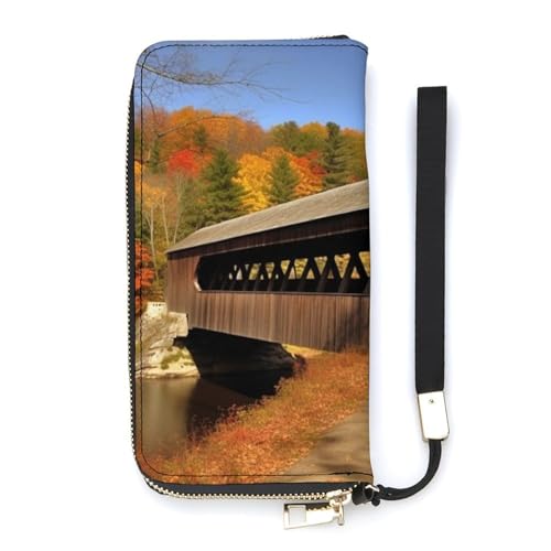 Albany Covered Bridge Ladies' Leather Wallet With Hand Strap Slim Vertical Purse Wallets Card Case Long Zip Around Long Wallet Credit Cards Holder Phone Clutch