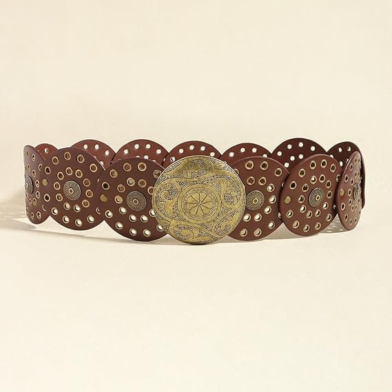 Women Wide-Disc Western-Belts - Vintage Hollow-Rivet Cowgirl-Boho-PU-Leather-Belt for Dress Jeans4