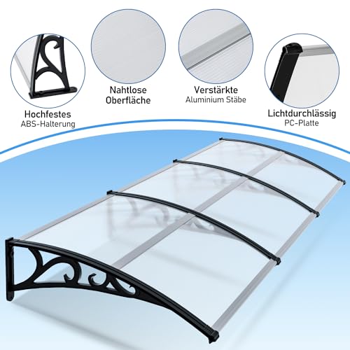Sonnewelt Vordach für Haustür 100 x 300 cm, Überdachung aus 5 mm Polycarbonat und ABS, Transparentes Pultbogenvordach, Pultvordach mit UV-Schutz für draußen, Regenschutz