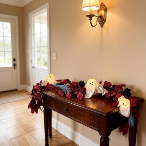6FT Gothic Halloween Garland with Light-Up Cute White Ghosts - image 4