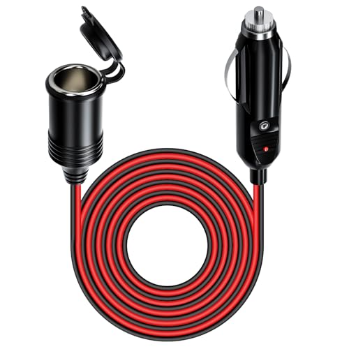 12V/24V Car Cigarette Lighter Extension Cord 13FT/4M 16AWG Car Charger Extension Cable with 15A Fuse and LED Lights Heavy Duty Male to Female Socket Adapter for Trucks Vans RVs Tire Inflators