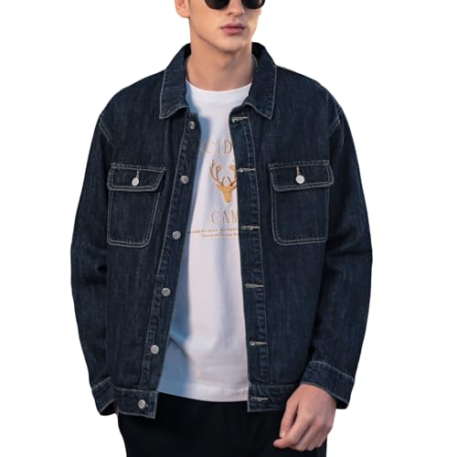 Image of Denim Jacket Men Vintage Autumn and Winter Tops Mens Denim Trucker Jacket