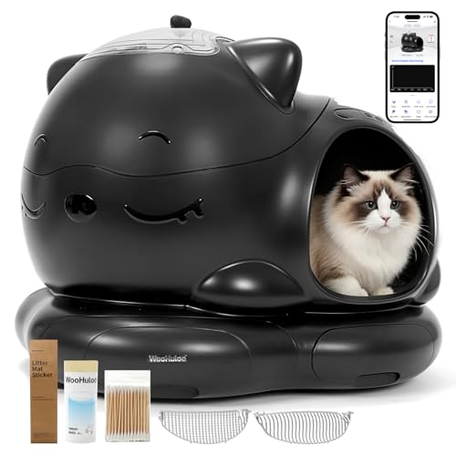 WOOHULOO Automatic Cat Litter Box, Semi-Open Large Capacity with Triple Odor Removal System, App Control and Health Monitor, Safety Sensor, Cute Self Cleaning Litter Box for Multiple Cats (Black)