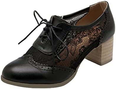 Womens Brogue Oxford Block Heel Lace Up Pumps Wingtip Dress Shoes(Black,US Size 9)