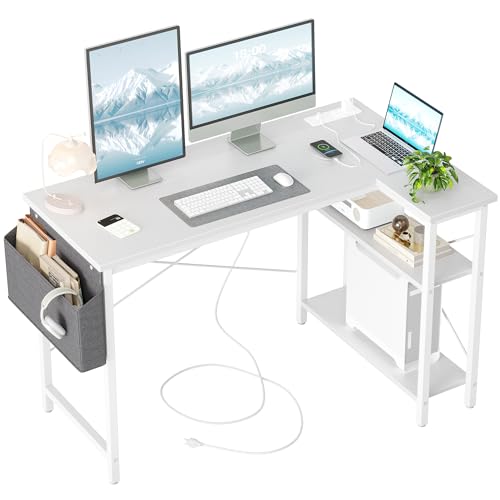 BEXEVUE Computer Desk with Power Outlets, 47 Inch L Shaped Desk with Reversible Shelves, Gaming Desk Corner Desk Study Work Desk for Home Office Bedroom Small Space, White