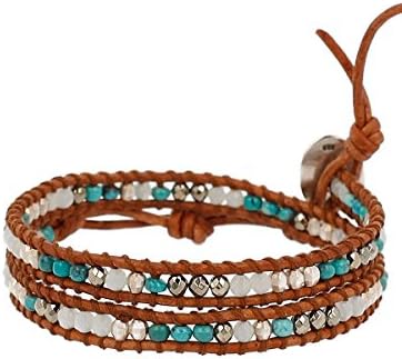 Chan Luu Sterling Silver with Turquoise Stone Mix Double Wrap Tan Leather Bracelet