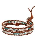 Chan Luu Sterling Silver with Turquoise Stone Mix Double Wrap Tan Leather Bracelet