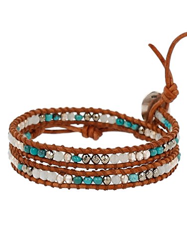 Chan Luu Sterling Silver With Turquoise Stone Mix Double Wrap Tan Leather Bracelet #TOP5