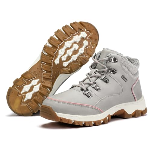 DOBOLIN Stivali Donna Inverno Scarpe da Neve Caldi Snow Boots Impermeabili Stivaletti Pelliccia Stringate Outdoor, Grigio, 42 EU