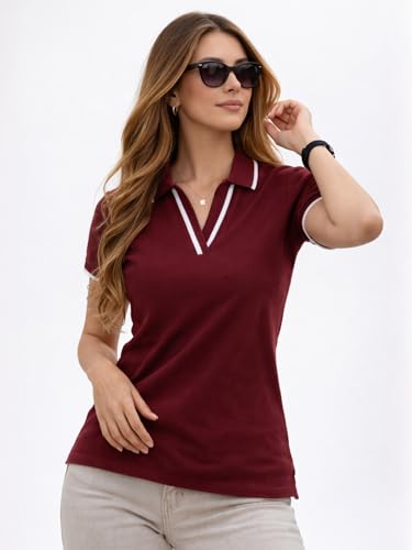 Image of JUNEBERRY Women's Regular Fit Lycra Polo T-Shirt withV- Neck Plain Contrast Piping Collar, Short Sleeves, Soft Fabric for Everyday Comfort (Sizes S to 2XL)