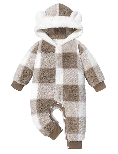 Image of Von kilizo Baby Boy Clothes Winter Baby Snowsuit Bunting Warm Suit Bear Fleece Onesie Hooded Plaid Snap Romper Jumpsuit Coat