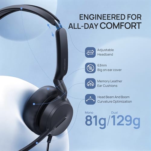 Image of Yealink Phone Headsets for Office Phones YHS36 E2 QD to RJ9 Wired Headset Compatible with Poly Snom Phones Desk Landline VoIP Headset with Microphone -Dual /168g /2.1m Cable
