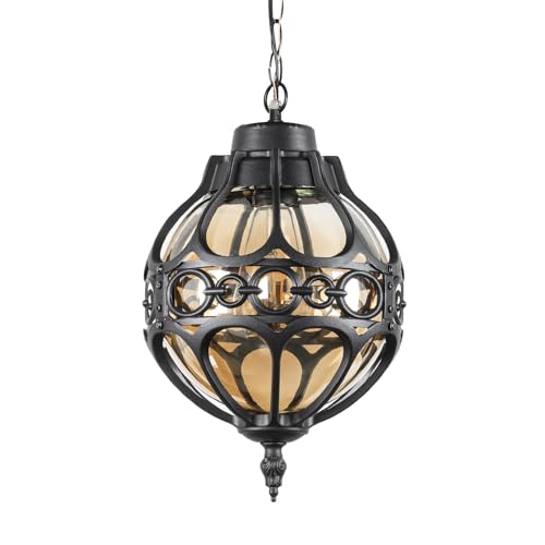 Globe Outdoor Pendant Lights for Porch Patio Garage, Matte Black Aluminum Anti-Rust Hanging Light Fixture, Industrial Round Amber Glass Exterior Chandelier, Outside Pendant Lamp Lantern