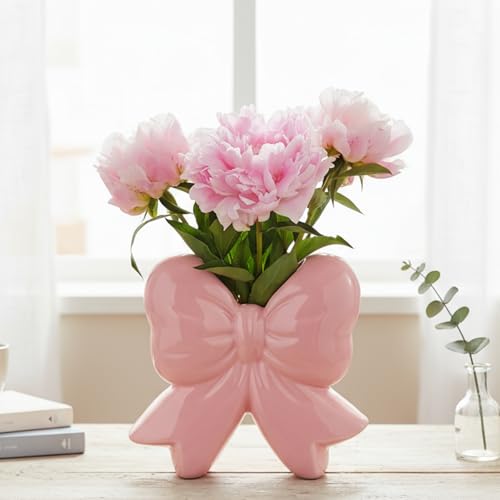 Jingmore Coquette Vase Bow Ceramic Vase Pen Holder Makeup Brush Holder Contemporary Design Decorative Women Gift for Christmas Home Office Shelf Table Living Room(Pink,Classic)