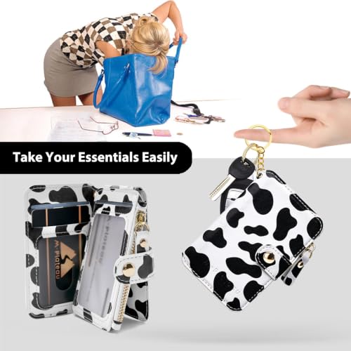 Image of M-Plateau RFID Blocking Slim Keychain Wallet for Women (Cow Print) | Mini Card Holder with ID Window, Zipper Pocket, 6 Card Slots, Compact for Cash & Cards