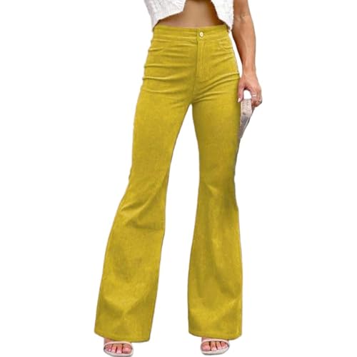 Women's Flare Pants Corduroy High Waisted Baggy Wide Leg Pants Casual Stretchy Vintage Bell Bottom Trousers (Yellow,Small)