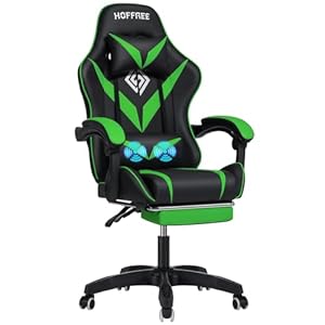 Gaming Stuhl mit Massagefunktion Gaming Sessels mit Fußstütze Massage Ergonomisch Bürostuhl Computerstuhl für Mädchen Junge (Grün+Schwarz)